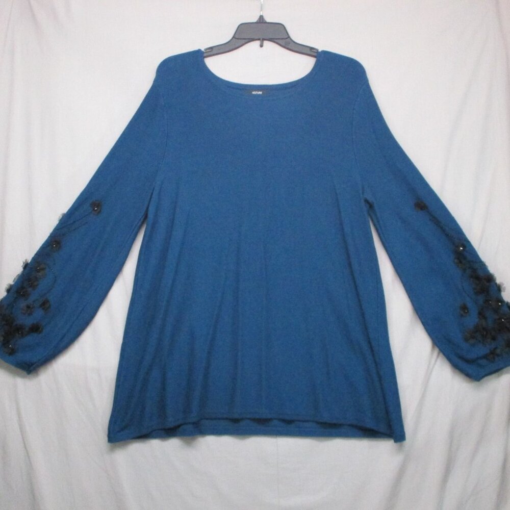 Alfani Tunic Top Mesh Flower Accents Balloon Sleeve Blue Women Size | L